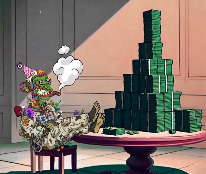 An astronaut character covered in patches and mushrooms relaxes with feet up at a table, smoking a cigar next to a massive pyramid stack of green cash bundles. The image pairs with "GM & have a profitable weekend" by depicting the ultimate trader's dream—chilling in leisure while surrounded by towering stacks of profit.