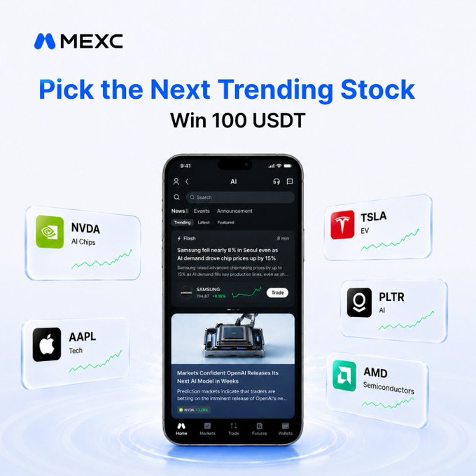 A MEXC promotional graphic featuring a smartphone displaying the app's "Trending" stock news feed, surrounded by floating stock cards for NVDA (AI Chips), AAPL (Tech), TSLA (EV), PLTR (AI), and AMD (Semiconductors). The ad promotes a contest to "Pick the Next Trending Stock" and "Win 100 USDT," aligning with the post's giveaway instructions to pick a stock via the MEXC app.