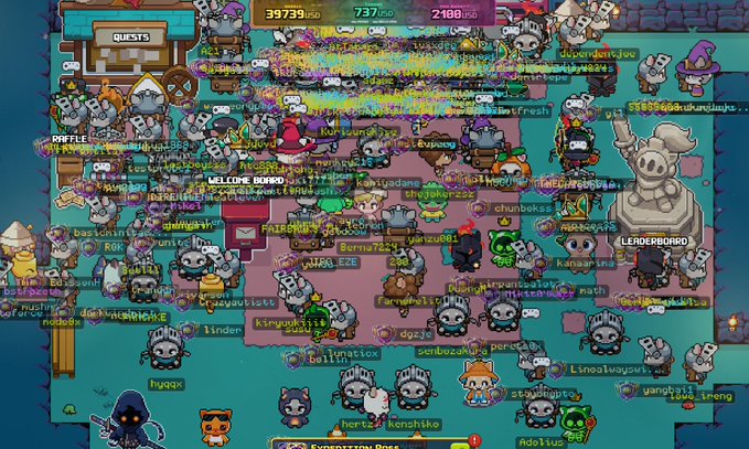 Screenshot of a crowded 2D pixel MMORPG game showing many player avatars gathered in a town square with various usernames floating above them.