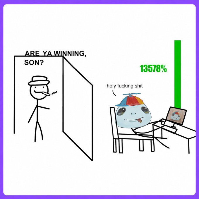 A stick figure dad asks "ARE YA WINNING, SON?" through a doorway at his child, a "Hehehehehe" Reddit face wearing a propeller cap, who is glued to a laptop showing a vertical green candle with "13578%" gains. The image relates to the post by capturing the wild, meme-like euphoria of a massive price pump—likely on the token $FIH—while the "cabal" cashes out elsewhere.