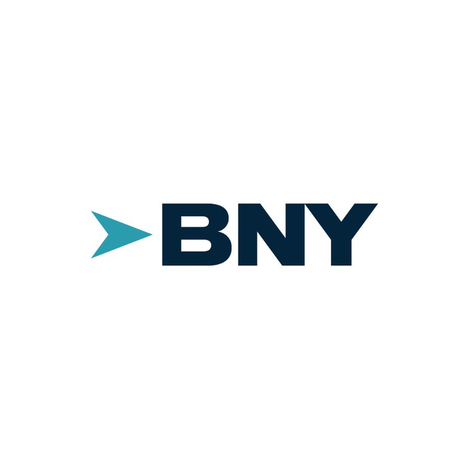 The image shows the BNY logo, featuring the letters "BNY" in bold dark navy text with a teal arrow symbol to the left. The logo relates to the accompanying news about BNY, an $8.6 trillion asset management company, adopting blockchain technology for trade processing and fund ownership records.