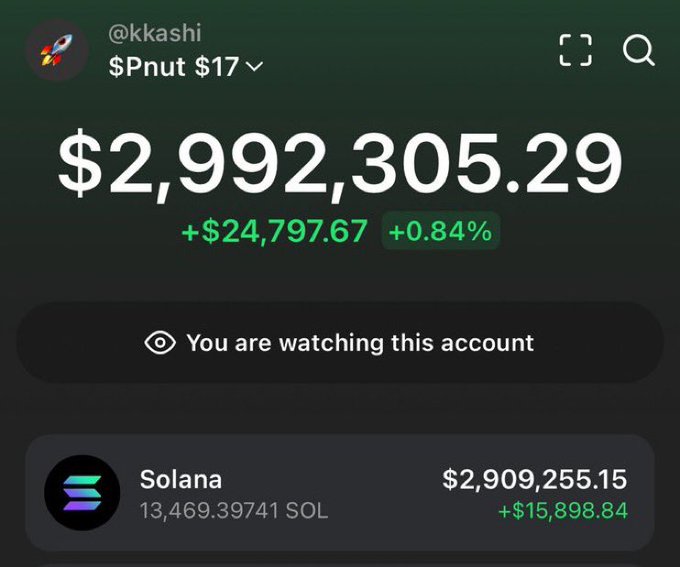 A screenshot of a trading account @kkashi showing $17 turned into $2,992,305.29 (+0.84%), primarily held in 13,469.39 SOL ($2,909,255.15, +$15,898.84). The image visually supports the post's claim of a massive short-term gain, displaying both the starting capital and resulting portfolio value.