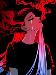 An anime-style digital illustration shows a character in profile with dark hair against a striking red and black background, looking upward.