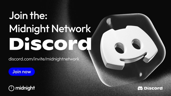 A promotional banner for the Midnight Network Discord server features the iconic white Discord logo on a black background, with text reading "Join the: Midnight Network Discord" and the invite link "discord.com/invite/midnightnetwork," directly encouraging viewers to join the community via the link shared in the post.