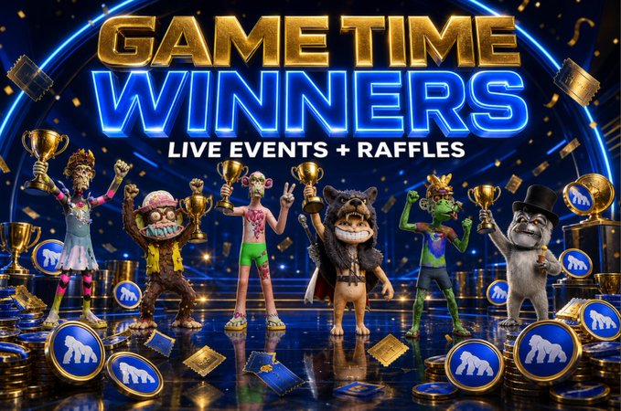 A promotional banner reads 'GAME TIME WINNERS - LIVE EVENTS + RAFFLES' featuring cartoonish characters holding gold trophies, with a bear icon logo on poker chips.