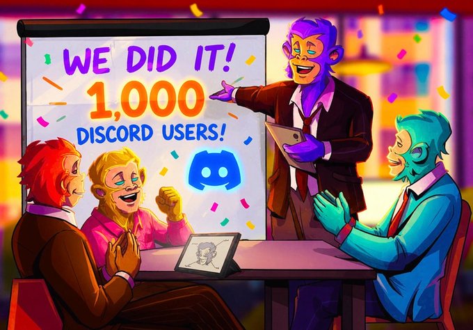 A colorful illustrated celebration scene shows four vibrant cartoon characters cheering around a presentation board displaying "WE DID IT! 1,000 DISCORD USERS!" with confetti raining down, visually commemorating the PrimalsNFTx Discord milestone mentioned in the post.