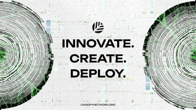 A textured graphic with tree-ring patterns on the sides features the text "INNOVATE. CREATE. DEPLOY." above "CANOPYNETWORK.org".