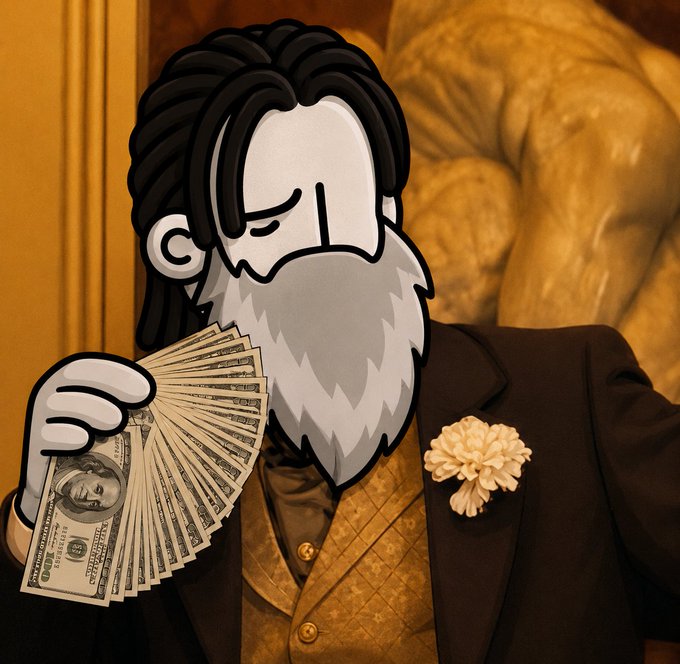 A cartoon character with long black hair and a grey beard, dressed in a suit with a white flower, fans himself with a large stack of $100 bills.