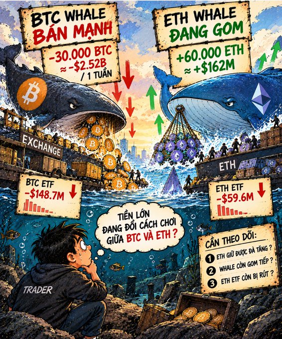 A Vietnamese-language illustration titled 'TIỀN LỚN ĐANG ĐỔI CÁCH CHƠI GIỮA BTC VÀ ETH?' depicting BTC whales selling (-30,000 BTC) and ETH whales buying (+60,000 ETH), alongside a worried trader observing BTC and ETH ETF outflows.