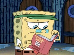 SpongeBob SquarePants is shown reading a book titled "OFFICIAL BIKINI BOTTOM BRAIN BUSTERS," which humorously ties into the math quiz challenge asking the minimum number of balance scale weighings needed to find the heavier ball among eight.