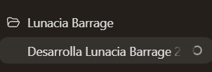A dark-themed mobile menu displays 'Lunacia Barrage' with a sub-item reading 'Desarrolla Lunacia Barrage' alongside a refresh icon.