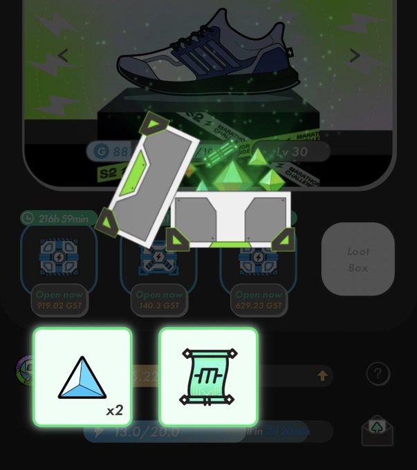 The image shows a phone screen with an app icon displayed, which appears to be related to a shoe store or shopping experience. The main focus of the image is a pair of shoes placed on top of a box, surrounded by various other items such as a poster and a book. The text in the image reads "How I love such moments. I feel magical. #STEPN". This suggests that the user might be browsing through different products or exploring an online shopping platform for shoes.