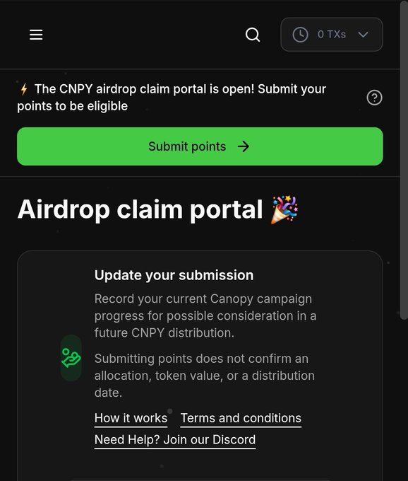 A screenshot of a webpage titled 'Airdrop claim portal' announcing 'The CNPY airdrop claim portal is open!' with a green 'Submit points' button and information about updating Canopy campaign progress.