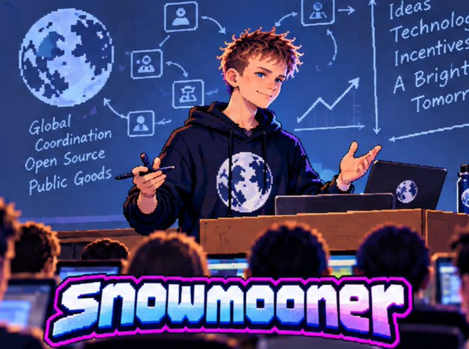 A digital illustration of a young boy presenting on a stage with a laptop, with text reading 'Global Coordination, Open Source, Public Goods', 'Ideas, Technolog[y], [In]centives, A Bright Tomorr[ow]', and the logo 'snowmooner' at the bottom.