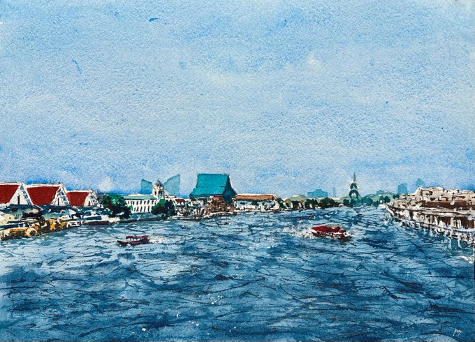 A watercolor painting of a city waterfront, featuring buildings with red roofs and a prominent green-roofed structure along a choppy blue river under a clear sky.