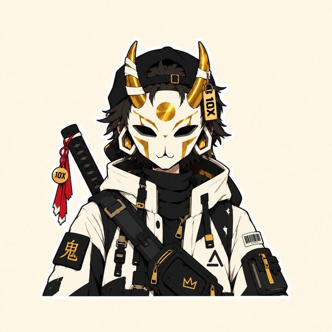 An anime-style character wearing a white and gold horned mask, a black cap, and a white jacket with various accessories including a katana and tags labeled '10X' and '鬼'.