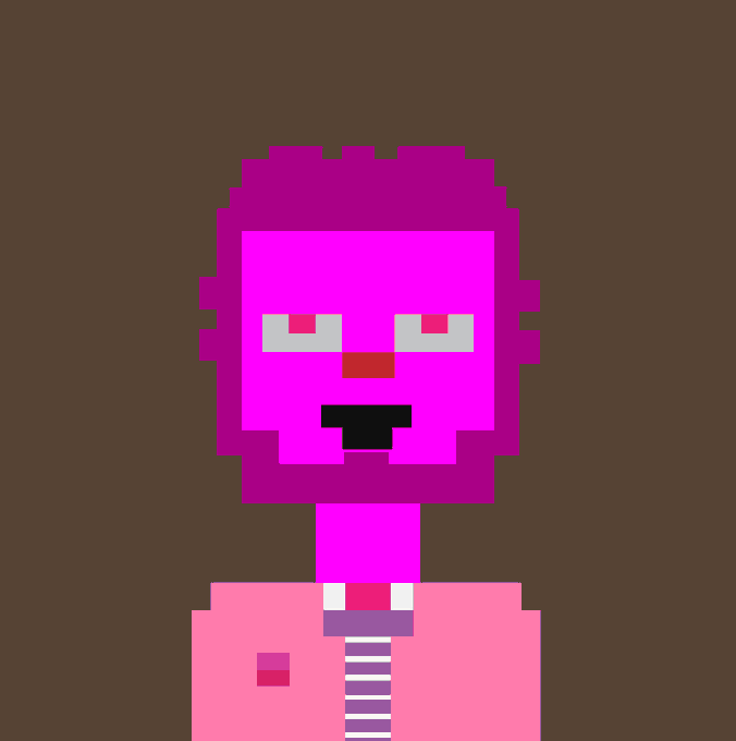 A pixel art illustration of a pink-skinned character with magenta hair and a bored expression, wearing a pink shirt and a striped tie.