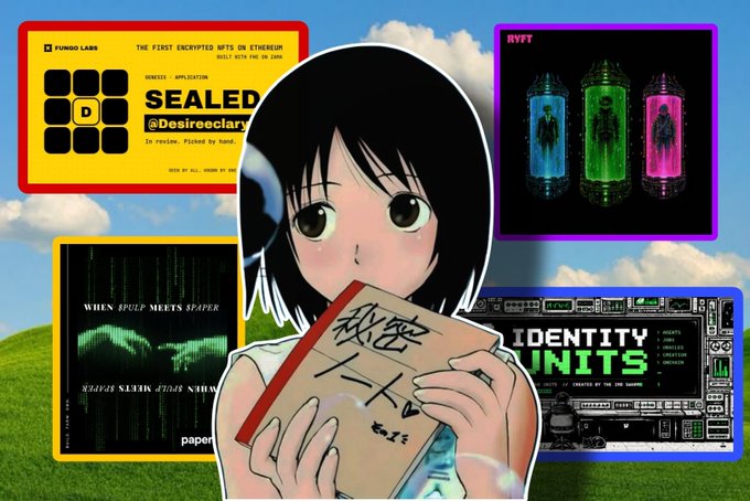 An anime-style character holds a notebook with Chinese characters, surrounded by various NFTs and digital art pieces including 'FUND0 LABS', 'RYFT', 'paper...', and 'IDENTITY INITS'.