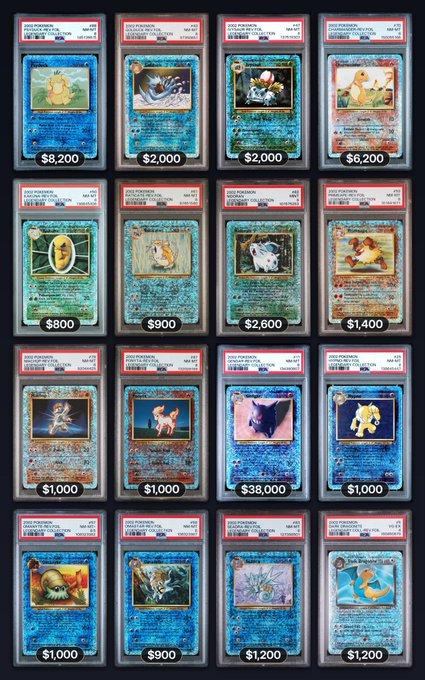 A grid of 16 graded Pokémon trading cards in PSA slabs is displayed, showing prices ranging from $800 to $38,000, with rare holographic cards featuring various Pokémon.