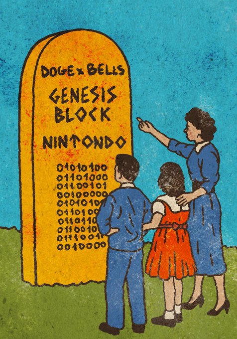 A stylized illustration showing a mother and two children looking at a large stone tablet inscribed with 'DOGE x BEL'S GENESIS BLOCK NINTONDO' and binary code, resembling the biblical Ten Commandments scene with a cryptocurrency/tech twist.