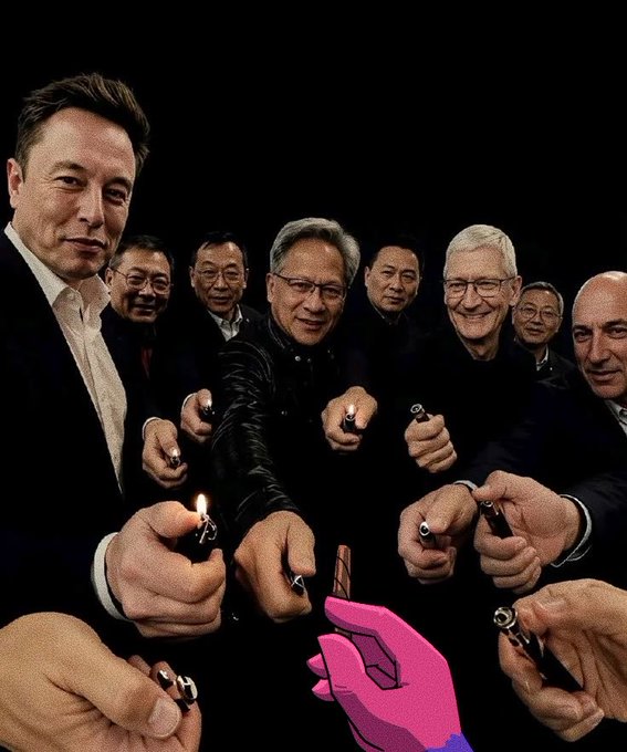 This image shows Elon Musk, Tim Cook, and Jensen Huang alongside other individuals, all appearing to light up a cigar, potentially symbolizing Chog's recent funding success. The post details Chog's $15K raise from 75 NFTs sold at $200 each for development.