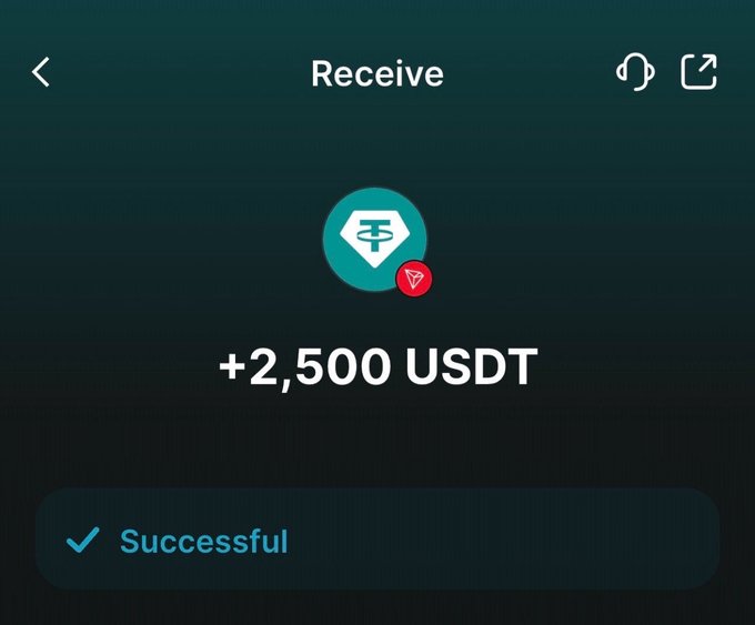 A digital wallet screen displays a successful cryptocurrency transaction, receiving +2,500 USDT (Tether).
