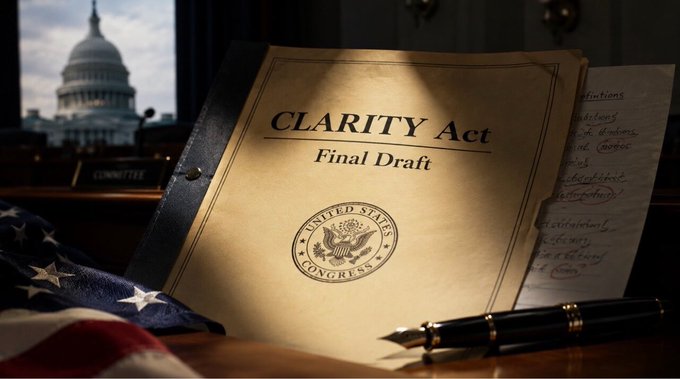 A legislative document titled "CLARITY Act – Final Draft," bearing the United States Congress seal, rests on a desk beside an American flag with the U.S. Capitol visible through a window. The image visually reinforces the post's headline about Senator Thune advancing the CLARITY Act, symbolizing the imminent legislation poised to unlock trillions into the crypto market.