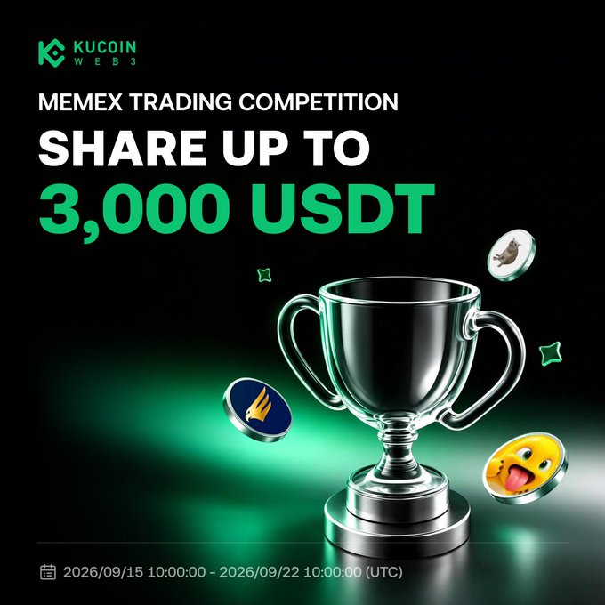 A KuCoin Web3 promotional graphic featuring a silver trophy surrounded by floating meme coins, announcing a MemeX Trading Competition with a prize pool of up to 3,000 USDT, running from September 15–22, 2026.