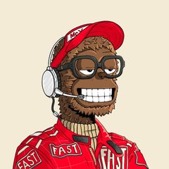 A cartoon illustration of a furry character wearing a red baseball cap, glasses, headphones, and a red 'FAST' branded racing suit.