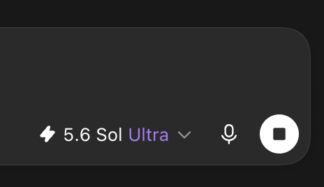 A dark-mode UI snippet shows the AI model selector set to "5.6 Sol Ultra" with a microphone icon and a stop button. The image illustrates the post's claim of running intensive background tasks on Sol Ultra Fast without a usage drop.