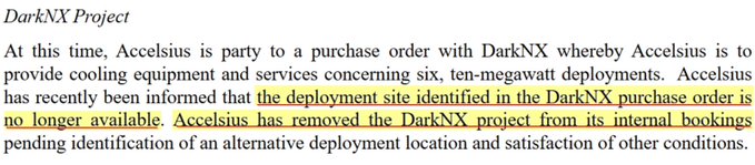 The image shows an excerpt from Innventure's (INV) SEC filing regarding its DarkNX Project, stating that Accelsius was informed the deployment site "no longer available," leading Accelsius to remove the project from its internal bookings. This corroborates the post's claim that the alleged 300MW data center deal with the questionable counterparty "DarkNX" was indeed fake, validating the earlier short-seller report that INV had dismissed as "selective and misleading."