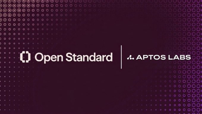 The image features a purple gradient background with the logos "Open Standard" and "APTOS LABS" displayed side by side, separated by a vertical line. It visually represents the partnership announcement between Aptos Labs and OpenStandard to launch Open USD, a new open stablecoin initiative.