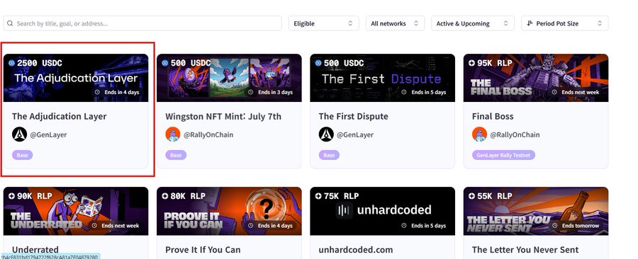 A webpage displaying crypto prediction markets or bounties, with a highlighted box around 'The Adjudication Layer' offering 2500 USDC from @GenLayer, alongside other listings including Winston NFT Mint and The First Dispute.