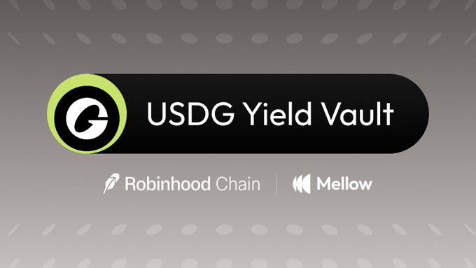 A dark gray screen displaying the 'USDG Yield Vault' logo with 'Robinhood Chain' and 'Mellow' branding below it.