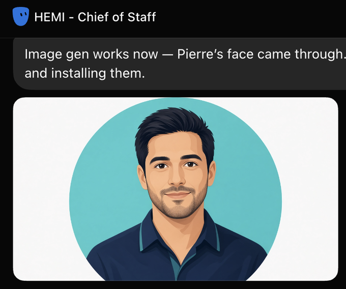A chat message from 'HEMI - Chief of Staff' stating 'Image gen works now — Pierre's face came through,' accompanied by an illustrated portrait of a dark-haired man in a navy shirt.