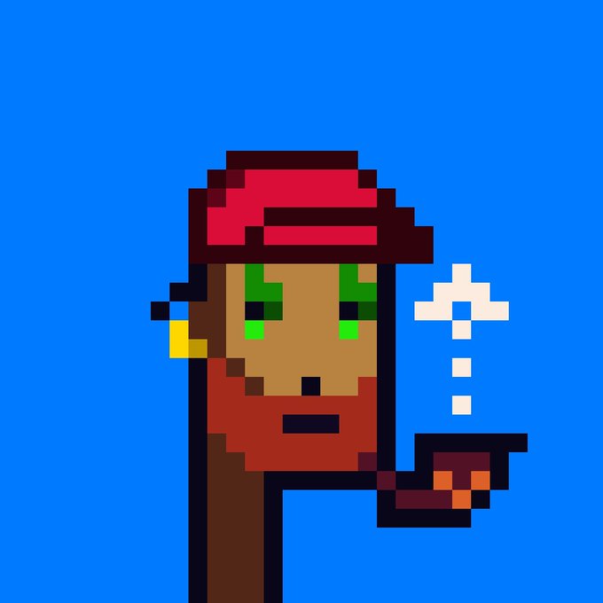 Pixel art depicts a character with a red bandana and a red beard smoking a pipe, with smoke rising against a blue background.