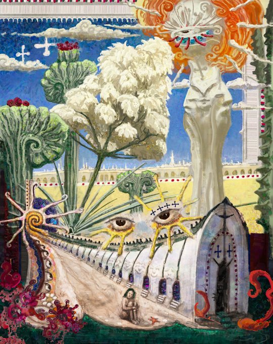 A surreal, mixed-media painting depicting a landscape with stylized trees, floating eyes, a white flower-headed figure, crosses, and a small seated figure at the bottom.