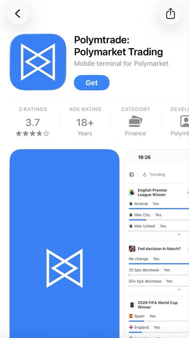App Store listing for "Polymtrade: Polymarket Trading" - a mobile terminal for Polymarket, rated 3.7 with 3 ratings, age rating 18+, in the Finance category.