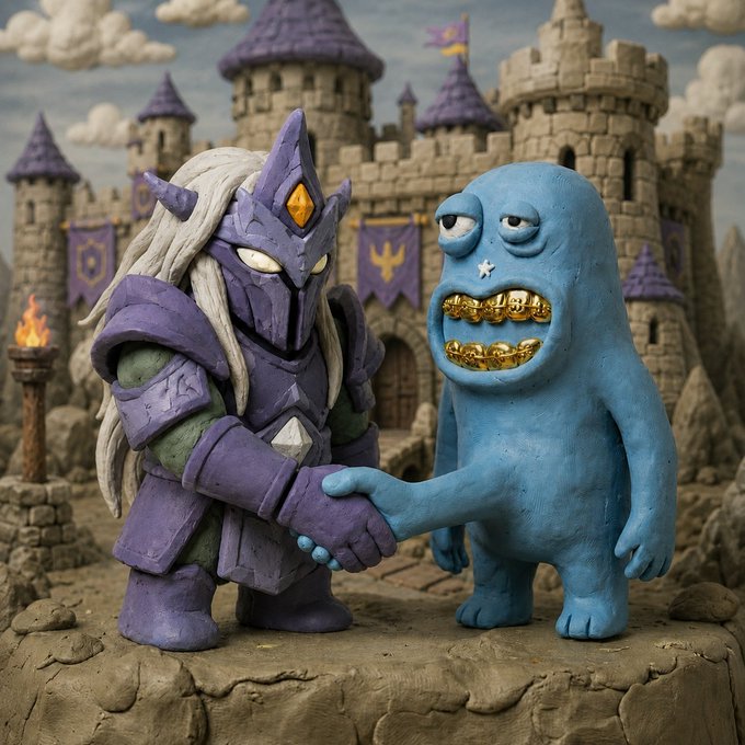 A claymation scene shows a white-haired warrior in purple armor shaking hands with a gold-toothed blue monster in front of a purple-topped castle, symbolizing a deal or alliance. The handshake mirrors the post's message of gratitude and allocation between partners.