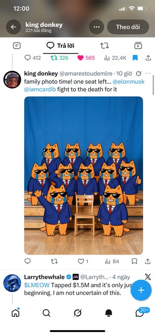 The image shows a Threads post by "king donkey" (@amarestoudemtre) featuring a cartoon illustration of multiple fox characters in blue suits, alongside a promoted tweet by @Larrythewhale announcing "$LMEOW Tapped $1.5M and it's only just beginning." The post serves as a scam warning about the $LMEOW meme contest, suggesting that even the alleged winner (alt account) hasn't posted proof, supporting claims of a rigged selection process.