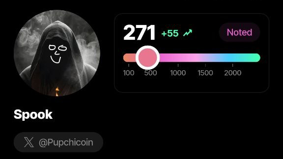 A profile interface for 'Spook' (@Pupchicoin) showing a score of 271, which is +55 with a 'Noted' status.