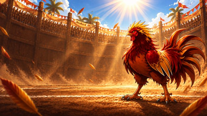 A digital illustration depicts a majestic red rooster standing in a sandy arena, surrounded by stands filled with spectators and flying feathers, illuminated by bright sunlight.