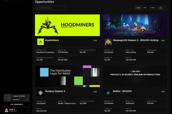 A screenshot of an 'Opportunities' dashboard showing crypto airdrops including Hoodminers (GTD Whitelist), Sleepagotchi Season 3 ($50,000 Airdrop), Nucleus Season 3 ($AURA), and Beldex ($50,000), each with eligibility requirements.