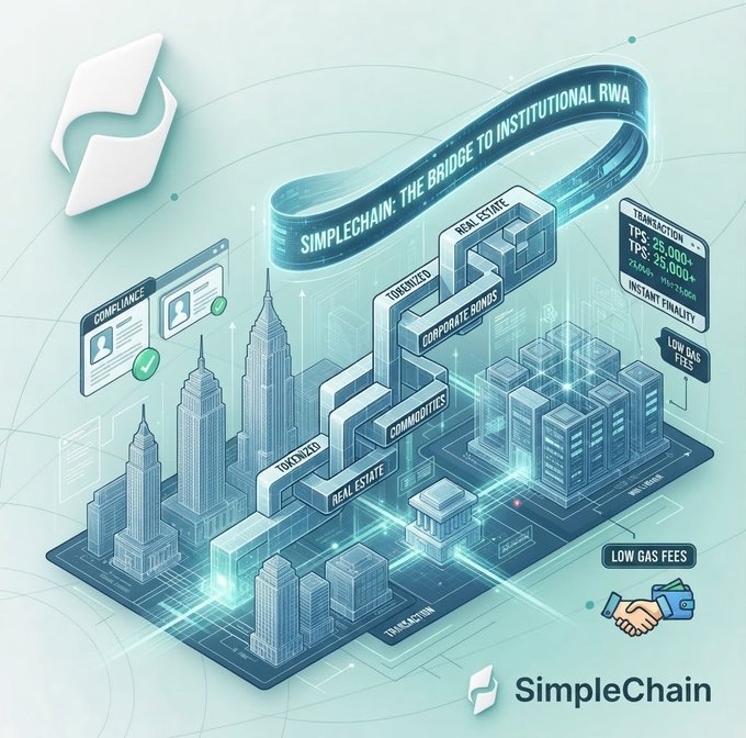 An isometric digital illustration titled "SIMPLECHAIN: THE BRIDGE TO INSTITUTIONAL RWA" featuring a futuristic cityscape with blocks labeled "REAL ESTATE," "CORPORATE BONDS," "COMMODITIES," and "TOKENIZED," alongside metrics like "TPS 25,000+," "INSTANT FINALITY," and "LOW GAS FEES."
