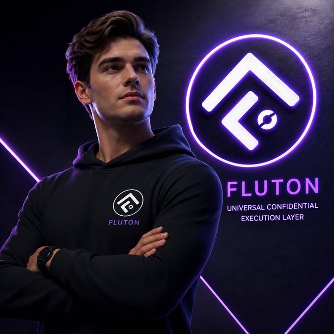 Promotional image for FLUTON featuring a man in a branded hoodie with arms crossed, alongside a glowing purple logo and tagline 'UNIVERSAL CONFIDENTIAL EXECUTION LAYER'.