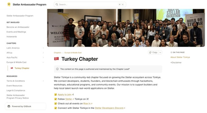 A webpage for the Stellar Ambassador Program's Turkey Chapter, showing a group photo of attendees at a 'Build on Stellar' hackathon event with information about joining and following the chapter.
