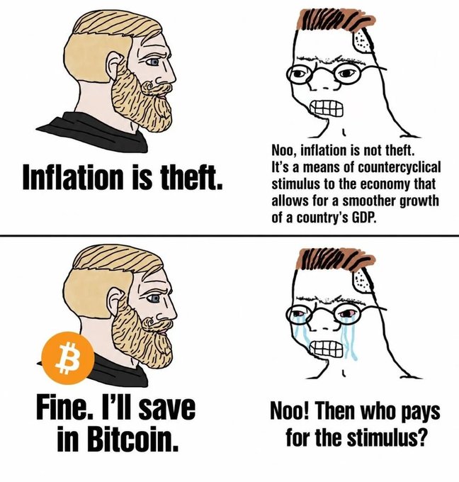 A four-panel 'Soyjak vs. Chad' Wojak meme arguing about economics, where the 'Chad' character declares 'Inflation is theft' and says 'Fine. I'll save in Bitcoin,' while the crying 'Soyjak' defends inflation as a 'countercyclical stimulus to the economy.'