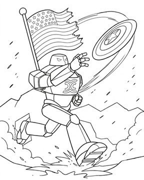 A black-and-white line drawing coloring book style illustration of a robot holding an American flag and throwing a frisbee, running across a rocky landscape.