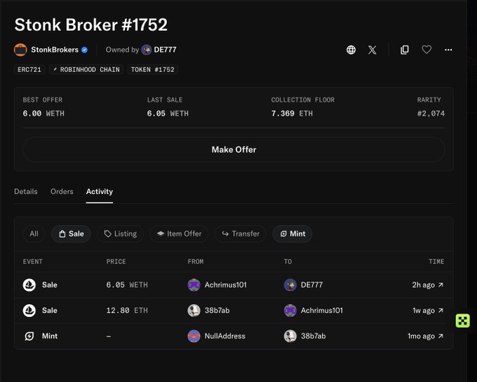 Screenshot of an OpenSea NFT listing for 'Stonk Broker #1752' from the StonkBrokers collection, showing a best offer of 6.00 NETH, last sale of 6.05 NETH, and recent activity including sales and a mint.