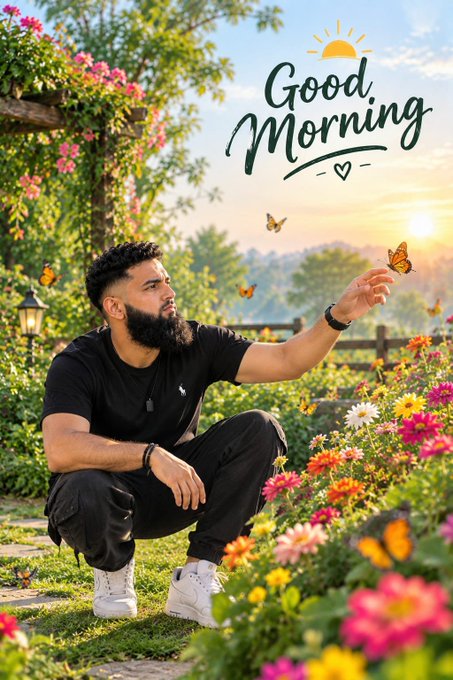 A man with a beard crouches in a vibrant flower garden as a butterfly approaches his outstretched hand, with the text 'Good Morning' displayed above against a sunny sky.